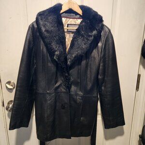 Wilson's Leather Womens Large Black Belted Leather Jacket Rabbit Fur Trim